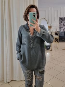 Yıkamalı Oversize Gri Gömlek