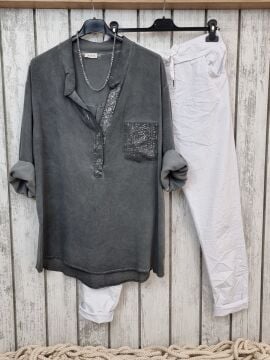 Yıkamalı Oversize Gri Gömlek