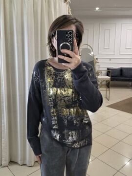 Kaşmir Karışımlı Varak Baskı Kazak Antrasit