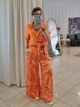 Kemerli Bol Paça Turuncu Keten Pantolon