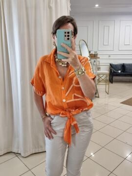 Önü Bağlamalı Turuncu Keten Gömlek Ceket