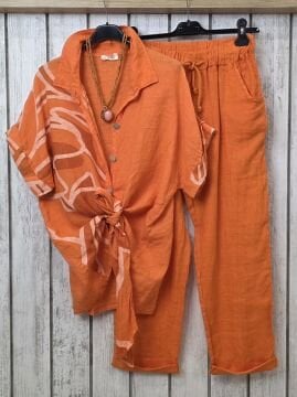 Önü Bağlamalı Turuncu Keten Gömlek Ceket