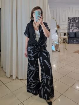 Kemerli Bol Paça Siyah Keten Pantolon