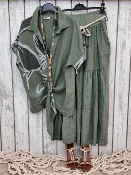 Önü Bağlamalı  Haki Keten Gömlek Ceket