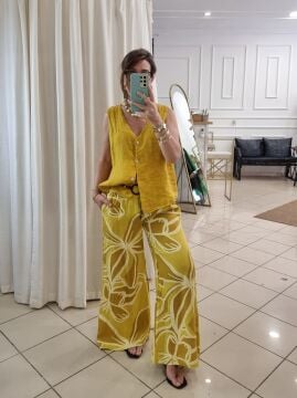 Kemerli Bol Paça Hardal Sarı Keten Pantolon