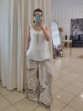 Kemerli Bol Paça Bej Keten Pantolon