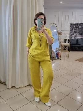 Düz Kesim Hardal Sarı Keten Pantolon