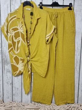 Düz Kesim Hardal Sarı Keten Pantolon