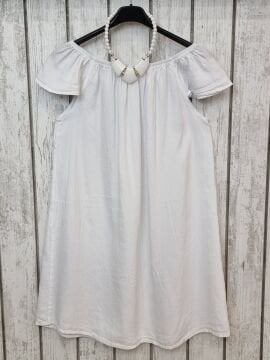 Yakası Lastikli Tencel Beyaz Elbise