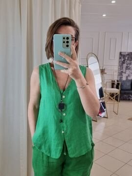 %100 Keten Yeşil Yelek
