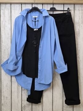 Sırtı Bağlamalı Pamuklu Gömlek Mavi