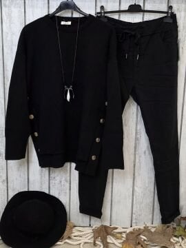 Büyük Beden Düğme Detaylı Siyah Triko Kazak