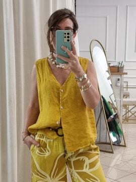 %100 Keten Hardal Sarı Yelek