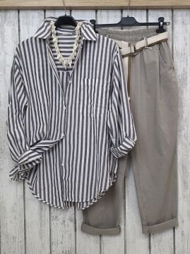 Çizgili Gömlek Antrasit Gri