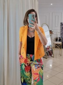 Slim Fit Kruvaze Yaka Kısa Kol Ceket Turuncu