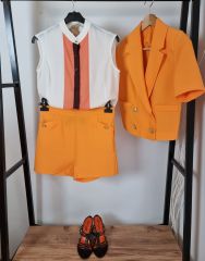 Gold Düğme Detaylı Oranj Klasik Şort Slim Fit