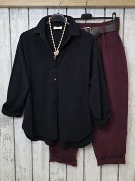 Kemerli Gabardin Pantolon Bordo