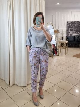 Çiçek Desen Likralı İtalyan Pantolon Lila
