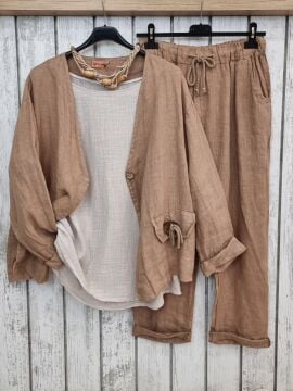 %100 Keten İtalyan Camel Pantolon