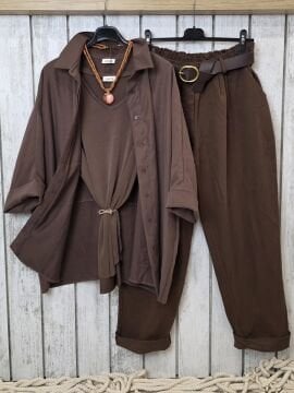 Kemerli Gabardin Pantolon Kakao Kahve