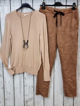 Kolları Düğmeli Yumuşak Basic Triko Kazak Camel