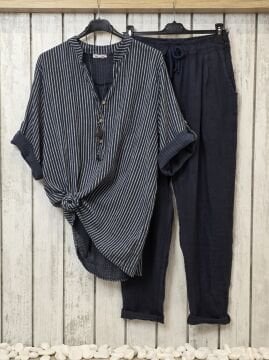 Havuç Kesim Keten Lacivert Pantolon