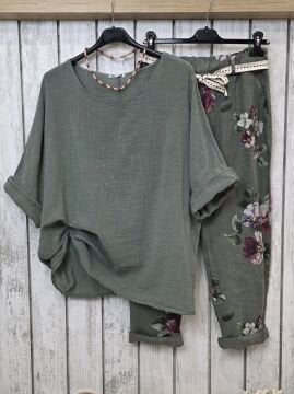 Havuç Kesim Desenli Keten Pantolon Haki