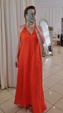 %100 Keten İp Askılı Uzun Elbise Narçiçeği