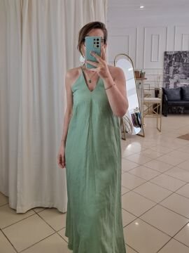 %100 Keten İp Askılı Uzun Elbise Mint