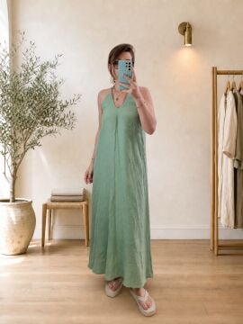 %100 Keten İp Askılı Uzun Elbise Mint
