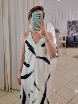 %100 Keten İp Askılı Uzun Elbise Kemik