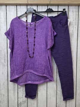 Yıkamalı Oversize Mor Keten Bluz