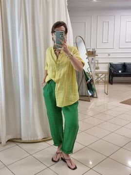 %100 Keten İtalyan Fıstık Yeşil Pantolon