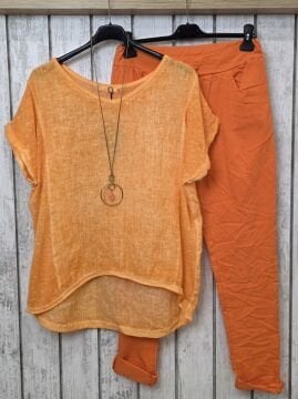 Yıkamalı Oversize Turuncu Keten Bluz