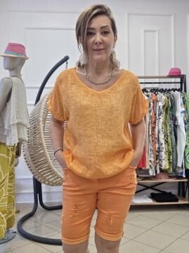 Yıkamalı Oversize Turuncu Keten Bluz
