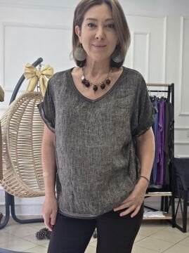 Yıkamalı Oversize Kahverengi Keten Bluz