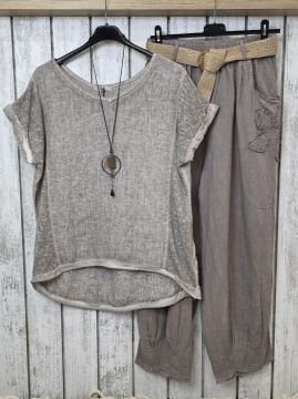 Yıkamalı Oversize Vizon Bej Keten Bluz