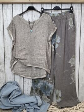 Yıkamalı Oversize Vizon Bej Keten Bluz