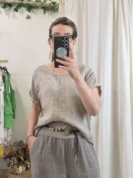 Yıkamalı Oversize Vizon Bej Keten Bluz