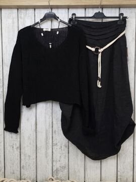 Çift Kullanımlı Siyah Keten Etek