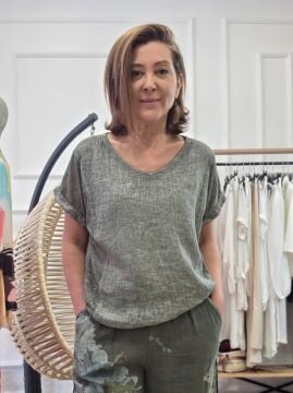 Yıkamalı Oversize Haki Keten Bluz