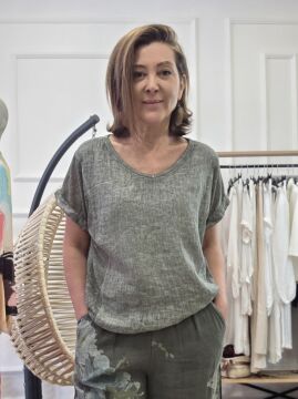 Yıkamalı Oversize Haki Keten Bluz