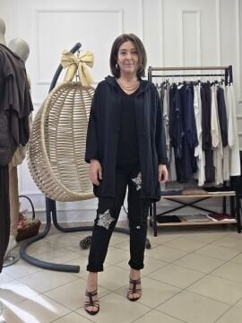 Payetli Likralı Pantolon Siyah İtalyan