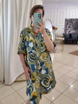 %100 Pamuklu Desenli Gömlek Elbise Haki