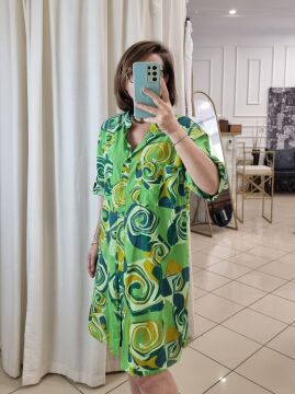 %100 Pamuklu Desenli Gömlek Elbise Yeşil