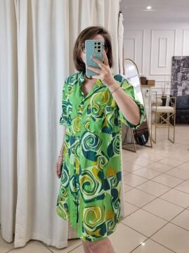 %100 Pamuklu Desenli Gömlek Elbise Yeşil