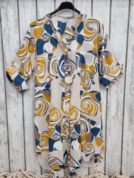 %100 Pamuklu Desenli Gömlek Elbise Bej