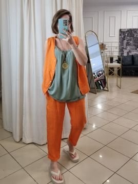 %100 Keten İtalyan Turuncu Pantolon
