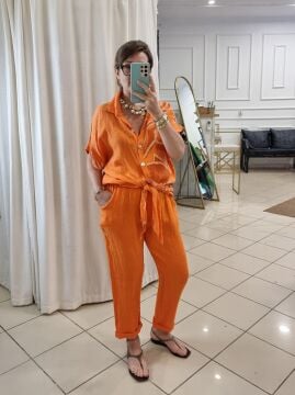 %100 Keten İtalyan Turuncu Pantolon