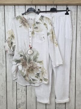 Oversize Desenli Beyaz Pamuk Gömlek